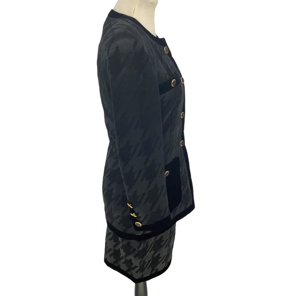 ESCADA Womens 34 US 2 Black Wool Silk Houndstooth Skirt & Blazer Elegant Luxury - Picture 3 of 16